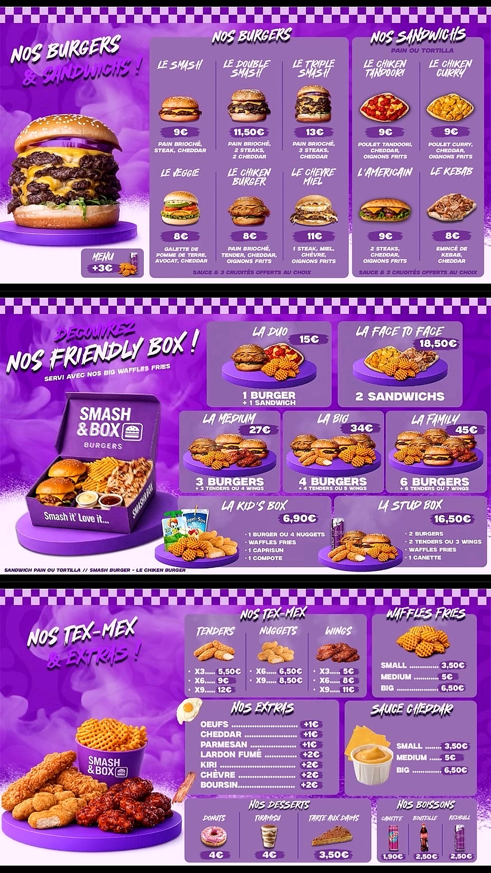 Carte officielle Smash & Box : burgers, sandwichs, friendly box, tex-mex, extras, desserts et boissons